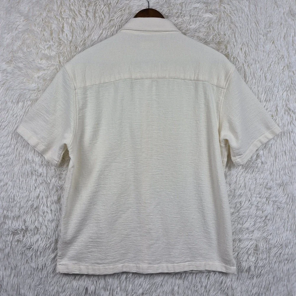 Zara Mens Crochet Textured Short Sleeve Button Down Shirt Off White Cream Large